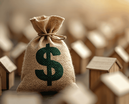 Bag of money amongst a village of wooden houses